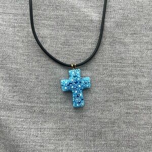 Blue Floral Millefiori Cross Faith Pendant Necklace